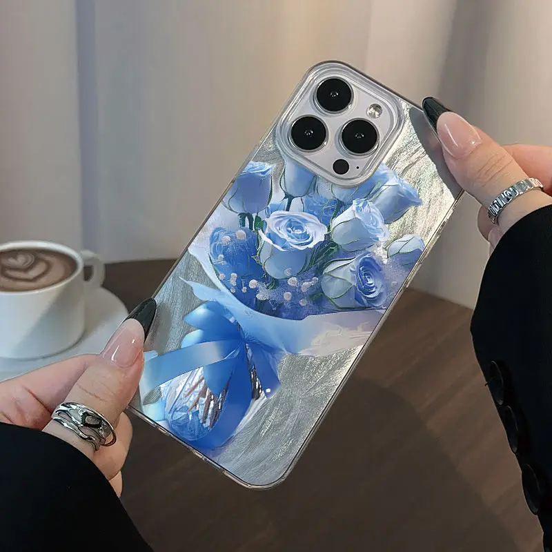 Funda de teléfono con estampado de rosas azules para IPhone 16 15 14 13 12 11 Pro Max 15 Pro XS XR 7 8 Plus 16E cubierta chapada en plata a prueba de golpes - imagen 2