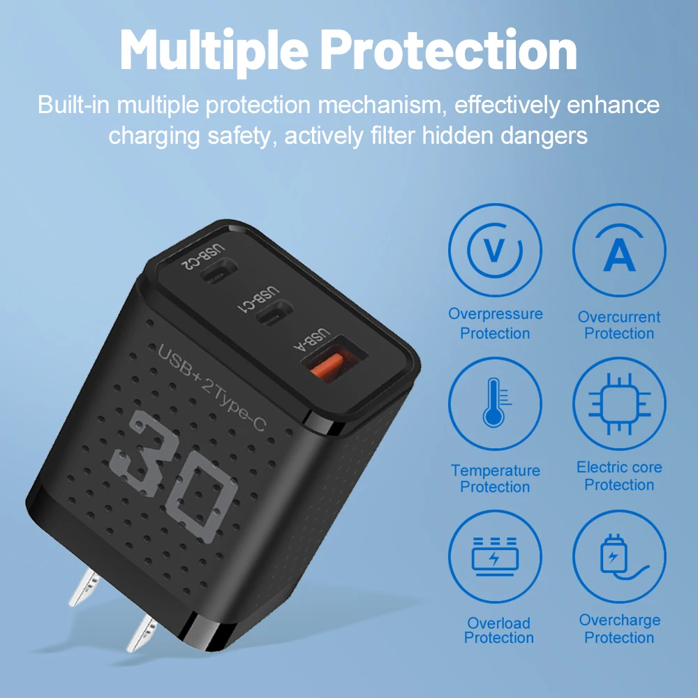 Adaptador de teléfono móvil para iPhone 15, Xiaomi, Samsung y Huawei, carga superrápida QC 3,0, 30W, Dual PD, USB tipo C, 3 puertos, enchufe de la UE/EE. UU./Reino Unido - imagen 2