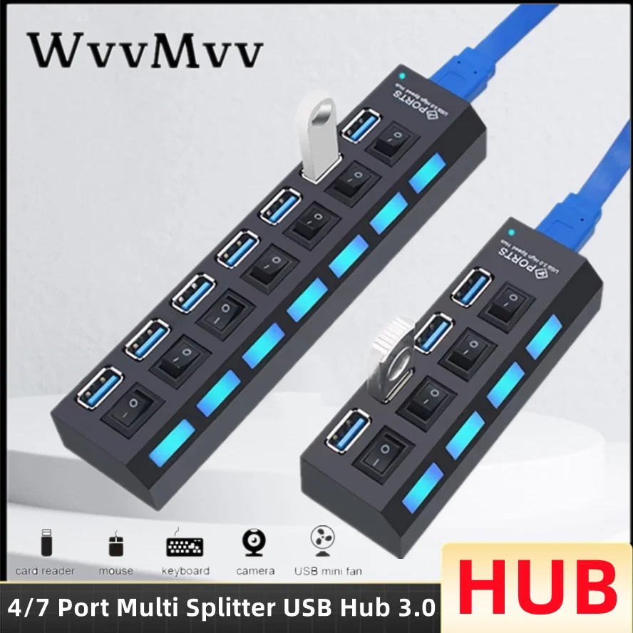 Adaptador de corriente USB 3,0, concentrador USB multidivisor de 4/7 puertos, concentrador USB 2,0, interruptor expansor múltiple, estaciones de acoplamiento para PC y portátil - imagen 3