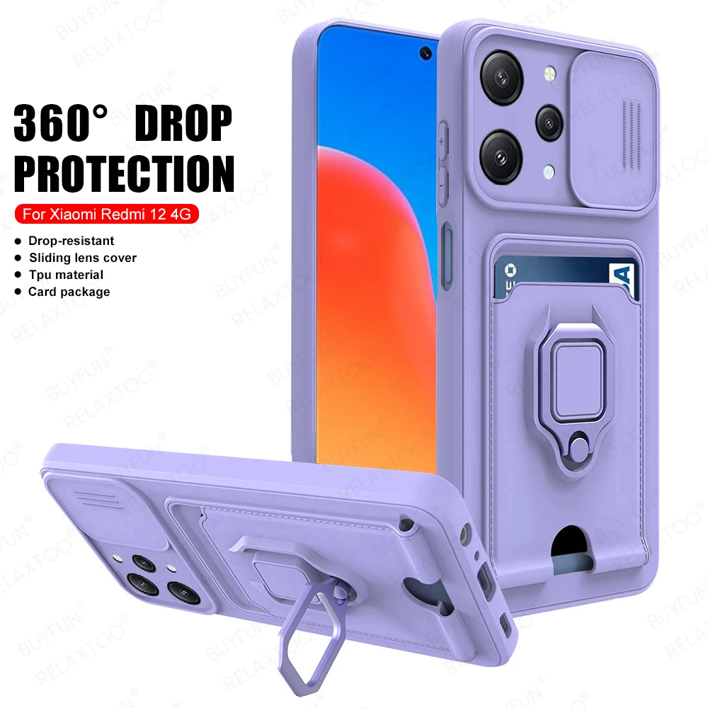 Funda protectora deslizante para cámara Xiaomi Redmi12 Redmi 12 4G, soporte magnético con ranura para tarjeta, anillo a prueba de golpes, TPU, cubierta suave Redmy Readmi 12