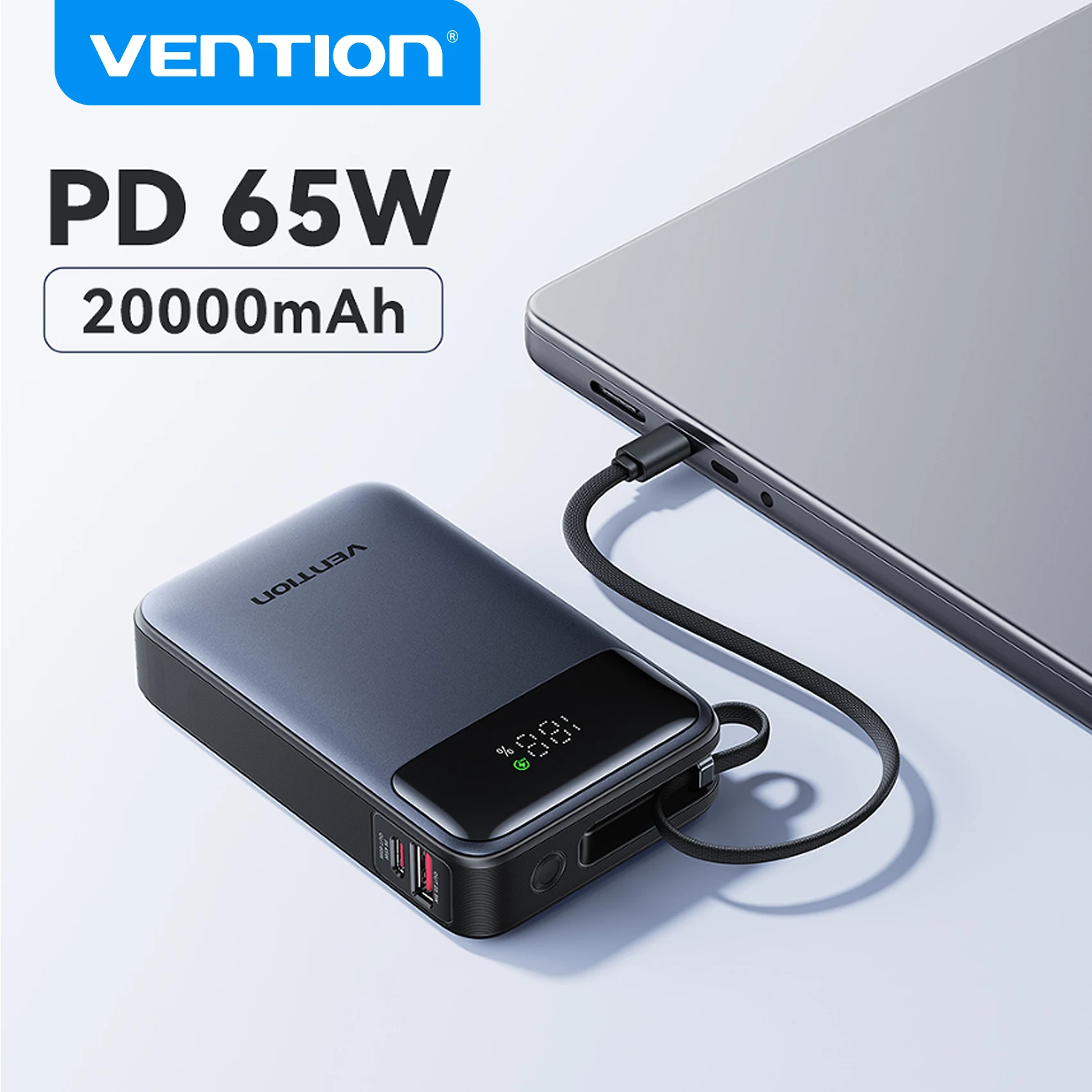 Banco de Energía Vention de 65W y 20000mAh con Cable USB-C Integrado, Cargador Portátil Rápido PD para Laptop, iPhone 17, Samsung S25, S24 - imagen 4