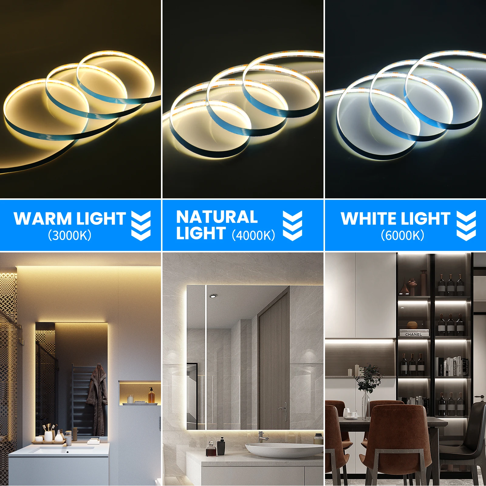 Tira de luces LED COB de 8mm, 320, 480, 528 LED/m, barra de Luz lineal suave y Flexible DC12V/24V, alta densidad, blanco frío y cálido para iluminación de decoración - imagen 4