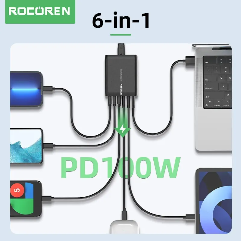 Rocoren-cargador USB tipo C de 100W, estación de carga rápida de 6 puertos, PD, para iPhone 14, 13 Pro, Xiaomi POCO - imagen 3