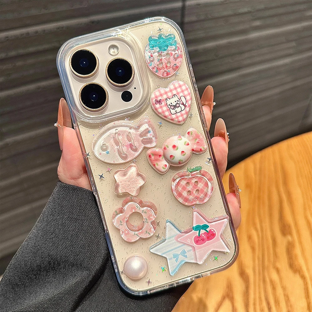 Funda de teléfono transparente con purpurina de pez rosa INS 3D para IPhone 16 15 14 13 Pro Max, funda trasera elegante femenina a prueba de golpes - imagen 2