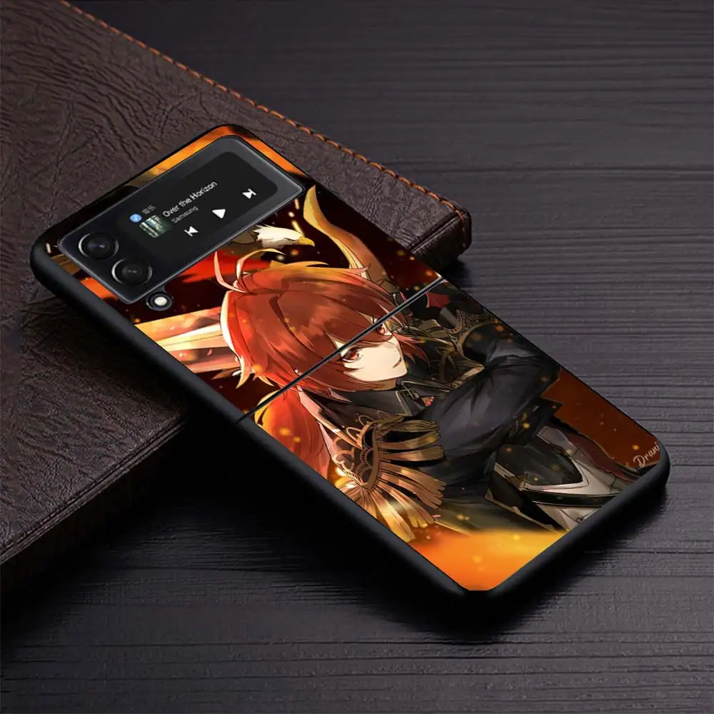 Genshin Impact Diluc-fundas de teléfono negras para Samsung Z Flip 7, 6, 5, 4, 3, galaxia de lujo ZFlip7 ZFlip6 Flip5 Flip4 Flip3, funda Z - imagen 4