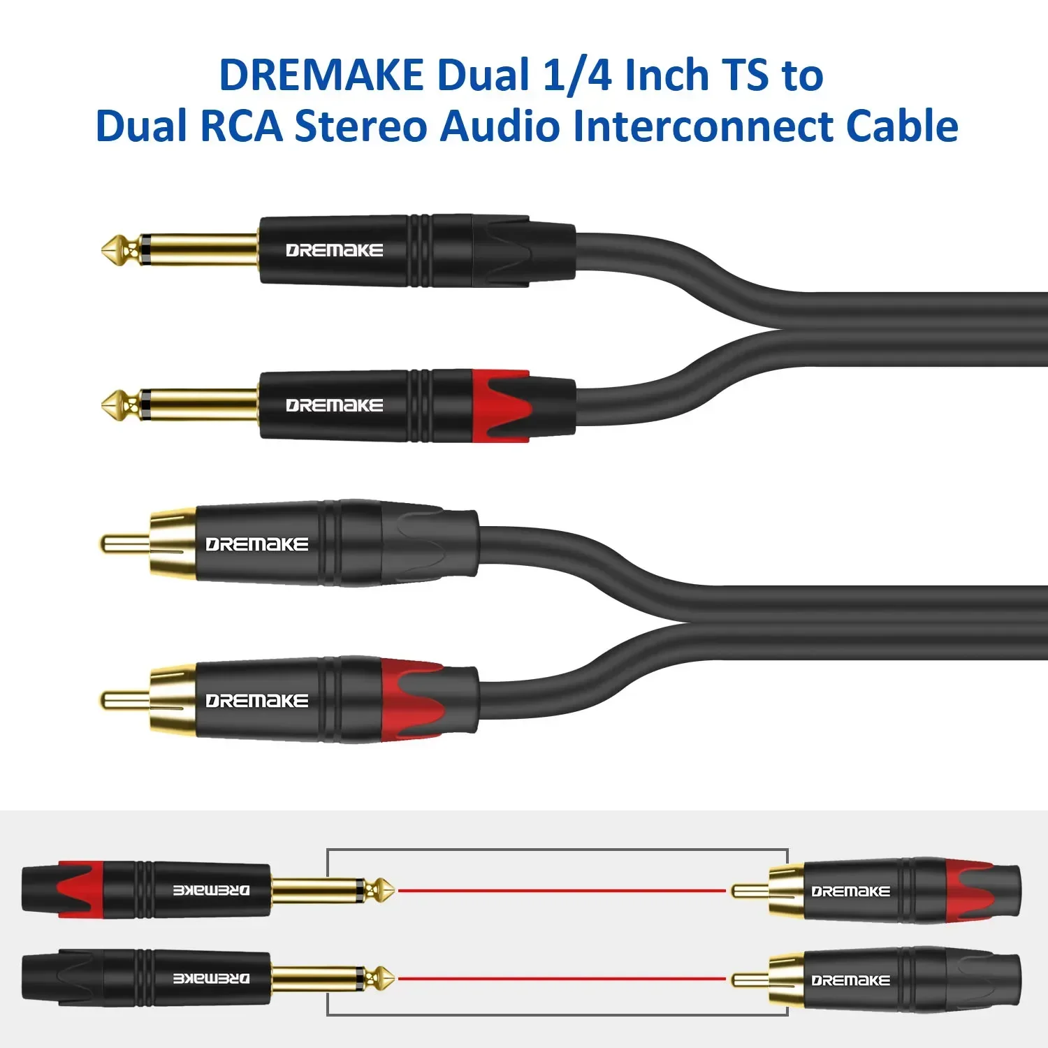 DREMAKE Dual 1/4 pulgadas TS a Dual RCA Cable de Audio estéreo RCA a 6,35mm Cables de conexión estéreo desequilibrados 1/4 a RCA Cable adaptador - imagen 4