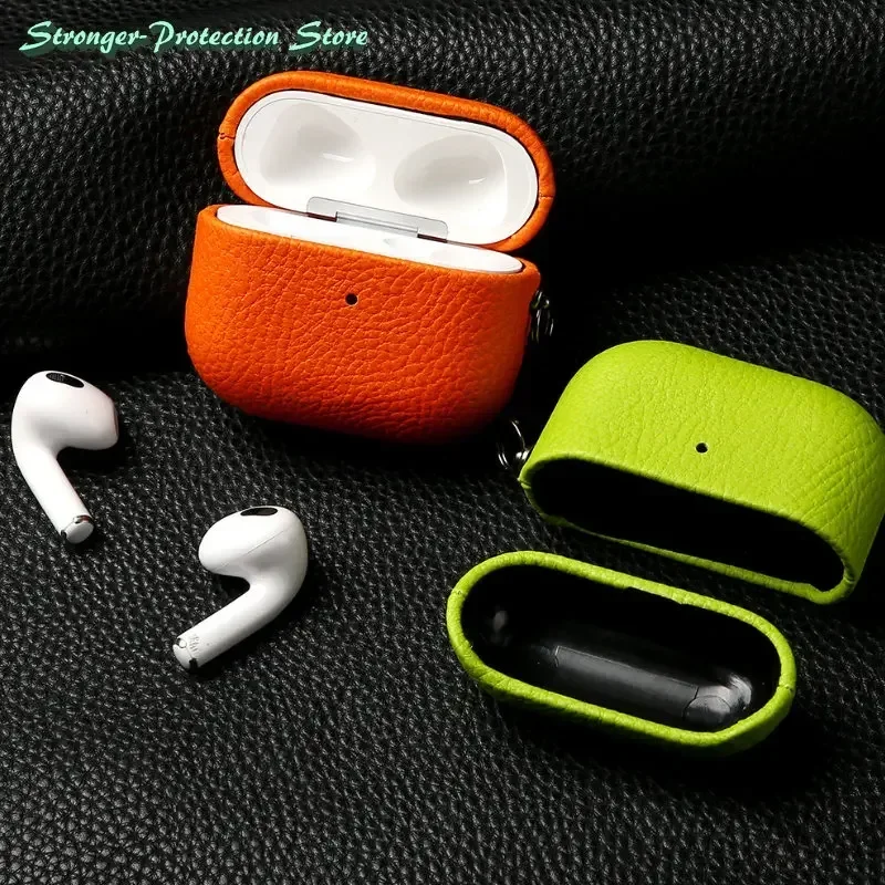 Funda de cuero genuino para AirPods Pro 3, funda AirPods Pro 2 Airpods 4 Airpods 3, funda de piel de vaca con patrón de lichi y hebilla - imagen 3