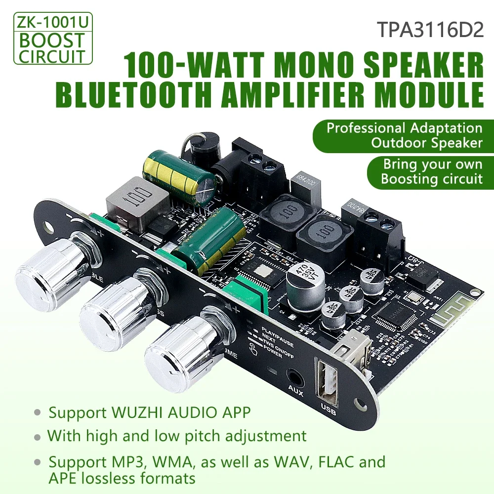 Módulo de placa amplificadora Mono TPA3116D2 ZK-1001U 100W BT 5,3 compatible con aplicación AUX unidad Flash USB tarjeta de sonido USB DC 9-24V - imagen 2