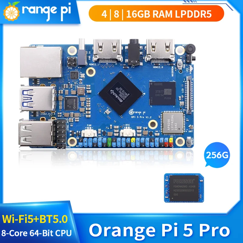 Orange Pi 5 Pro 16 8 4GB RAM LPDDR5 Rockchip RK3588S Gigabit Ethernet Wi-Fi 5 + BT5.0 256GB eMMC ordenador de placa única Mini PC