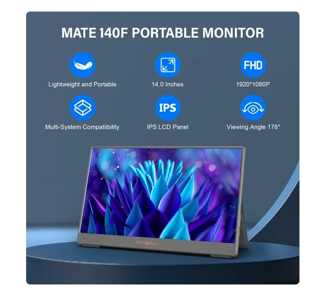 [Genuino] Monitor portátil GTMEDIA MATE 140F de 14 pulgadas, 250cd/ ㎡   Pantalla USB tipo C con pantalla IPS FHD de 72% sRGB para ordenador portátil/Macbook - imagen 3