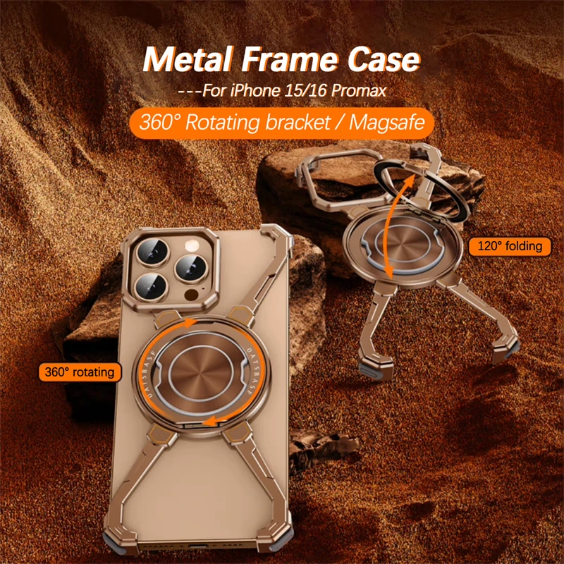 Caja magnética sin marco del teléfono Magsafe del metal para el iPhone 13 14 15 16 Pro Max 360 °   Cubierta de parachoques de carga inalámbrica con soporte giratorio - imagen 3