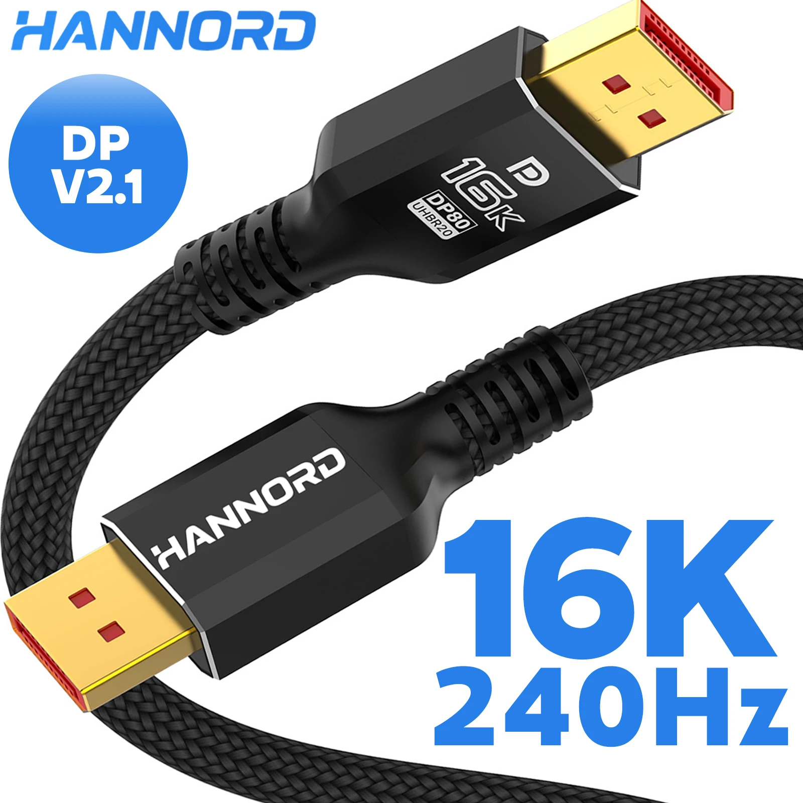 Hannord 16K Displayport Cable DP2.1 Cable compatible con 16K @ 60Hz 80Gbps para Monitor de juegos portátil HBR3 HDR tarjeta gráfica 4090 PC