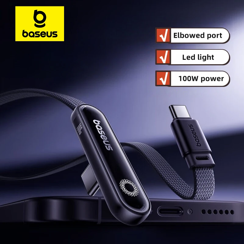 Baseus MVP3 Cable USB C de 100W con codo para iPhone 16 15 Pro Max Cable de luz LED tipo C para Macbook pro Xiaomi Samsung - imagen 2