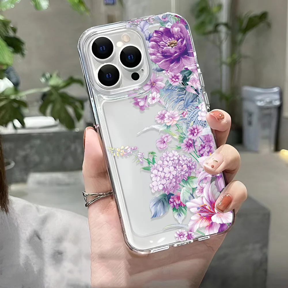 Funda de teléfono con purpurina y flores moradas para iPhone 16, 16E, 15, 14, 13, 12, 11 Pro Max Plus, funda dura para chica, carcasa transparente epoxi - imagen 2