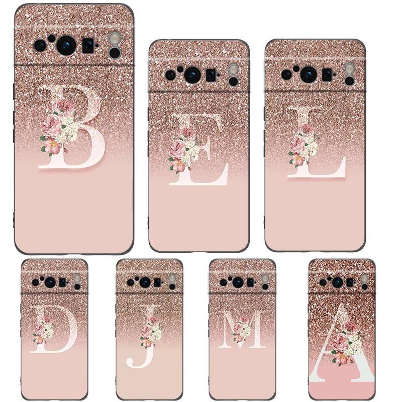 Funda de teléfono con letras rosas brillantes M R para Google Pixel 9 8 7 6 Pro XL 8A 6A 7A 5G, funda negra de TPU suave a prueba de golpes