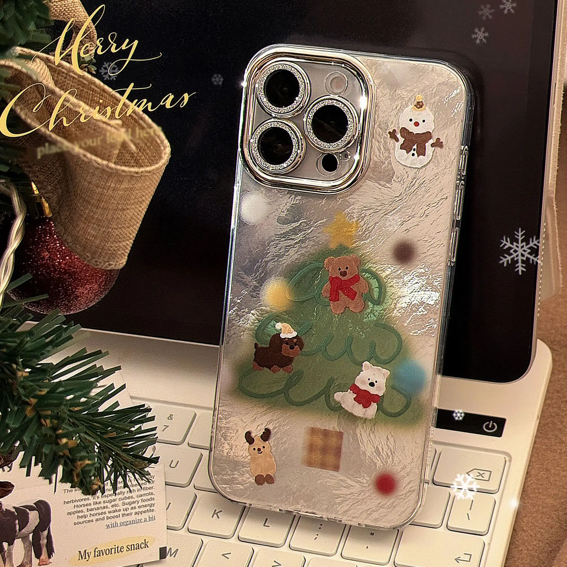 Funda de teléfono navideña de dibujos animados con película de lente para iPhone 16e 15 14 13 12 11 Pro Max, cubierta estética a prueba de golpes con láser