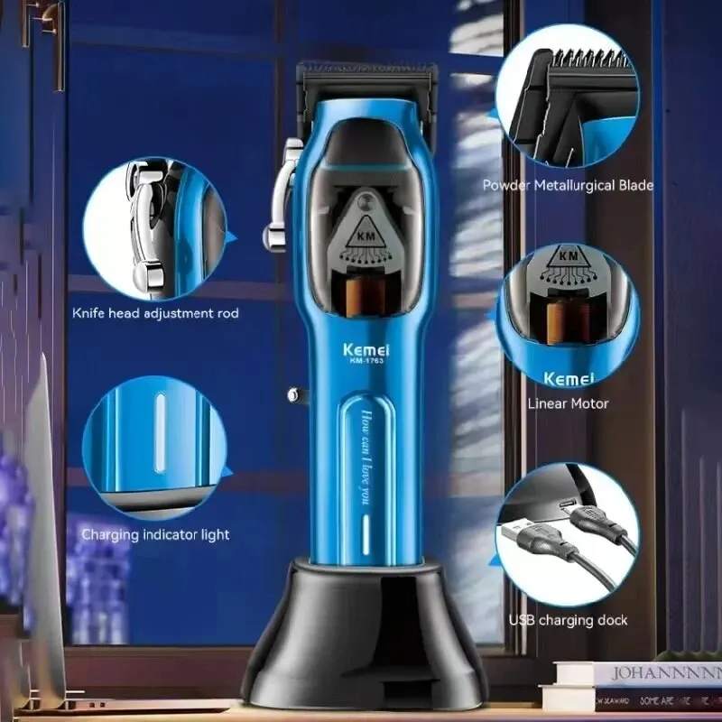 Kemei-cortadora de pelo profesional KM-1763 para hombre, Máquina Eléctrica de corte de pelo, ajustable, recargable, para barbería - imagen 3