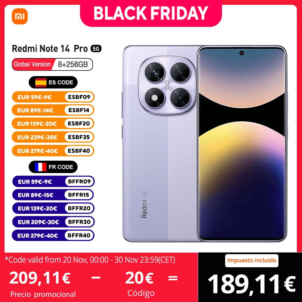 Xiaomi Redmi Note 14 Pro 5G NFC Versión Europea 256GB/512GB MTK Dimensity 7300-Ultra Pantalla AMOLED 6,67", 120Hz Cámara principal 200MP OIS  45W, IP68
