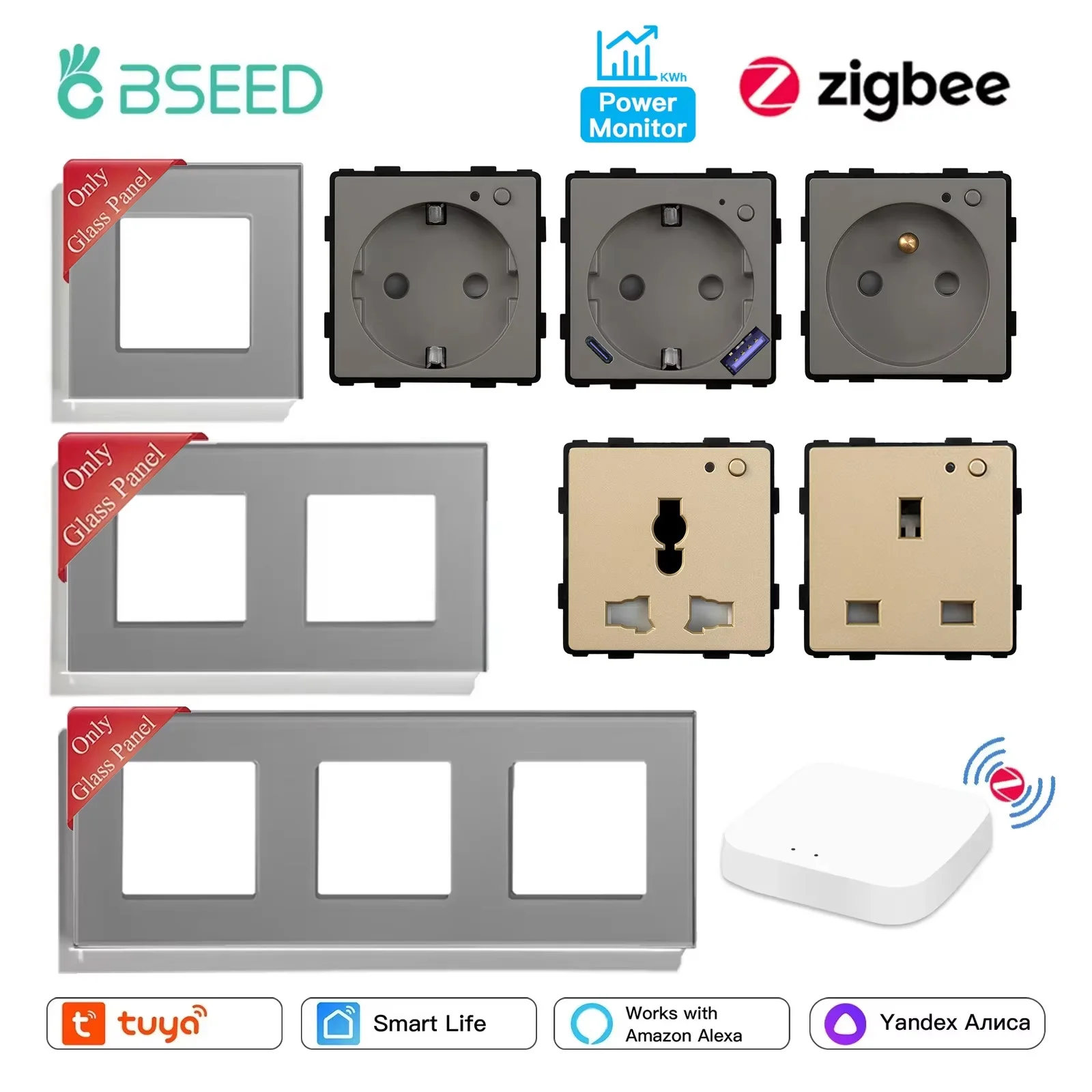 BSEED Zigbee EU/FR/UK/MF toma de corriente Universal enchufes inteligentes Monitor de energía Tuya marcos de vidrio de vida inteligente piezas de bricolaje combinación gratis