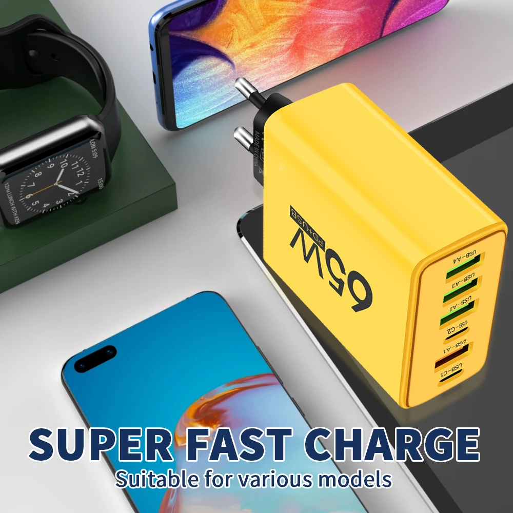 Cargador de pared rápido 6 en 1, adaptador de teléfono móvil, 65W, 4 USB y 2 tipo C, para iPhone, Samsung, Xiaomi, Huawei, Oppo - imagen 4