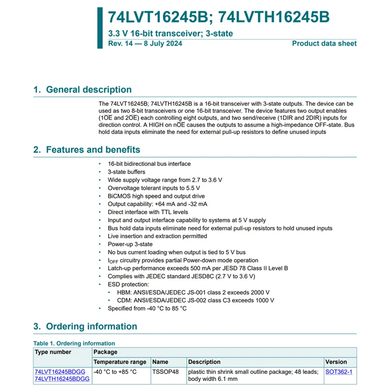 74LVT16245BDGG TSSOP-48-6.2mm 74LVT16245BDGG, 118 5 uds LVT16245B 3,3 V transceptor de 16 bits; Transceptor de controlador de búfer de 3 estados - imagen 2