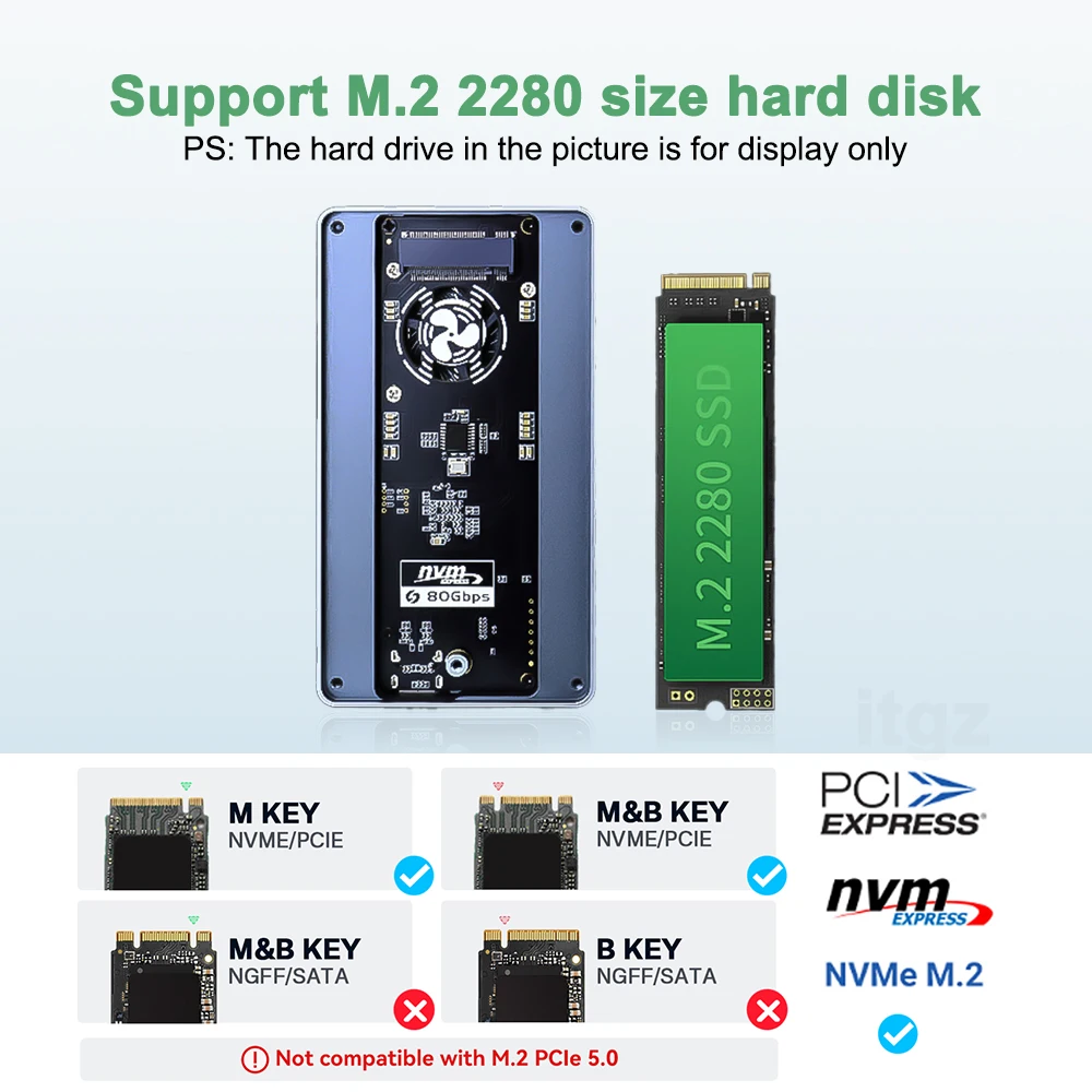 ITGZ 80Gbps Thunderbolt 5 M.2 NVMe SSD carcasa con ventilador de refrigeración JHL9480 Chip para Thunderbolt 5/4/3 M.2 NVMe PCIE 5 para Mac/PC - imagen 5