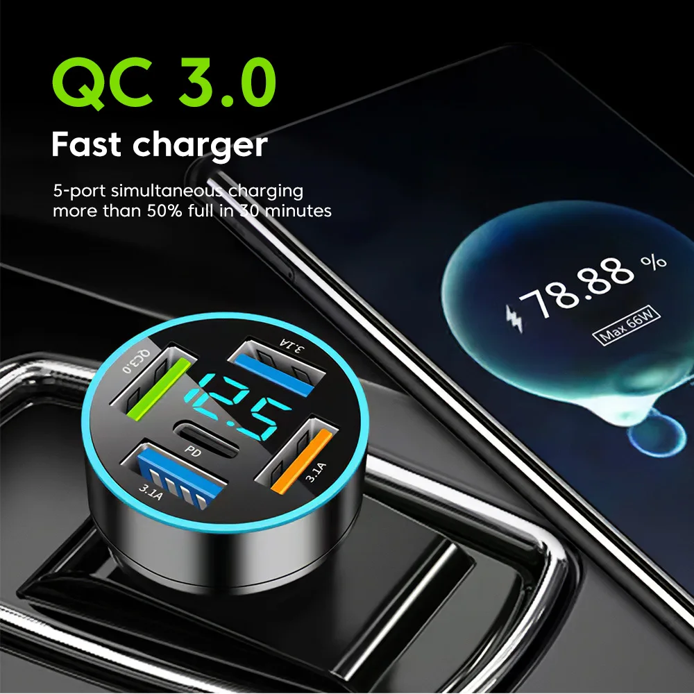 Olaf-Mini cargador USB para coche, adaptador de carga rápida tipo C PD, para iPhone, Xiaomi, Huawei, Samsung, QC 3,0, 66W, 5 puertos - imagen 5