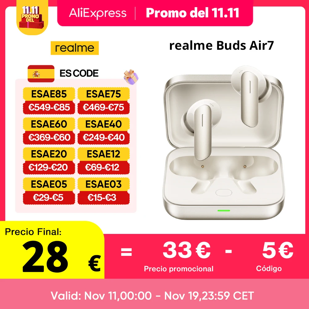 Versión Global realme Buds Air 7 52dB Smart Active Noise Cancellation 12.4mm Deep Bass Driver Bluetooth5.4 360° Spatial Audio Effect IP55 Earphone