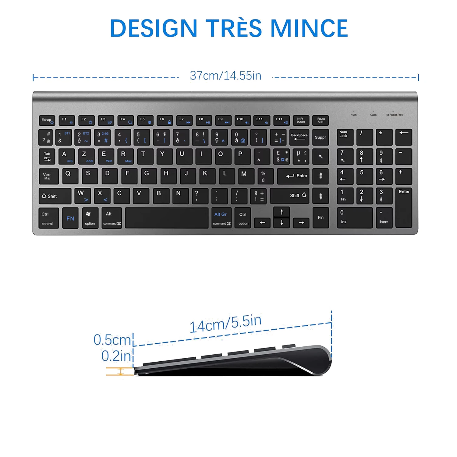 Teclado francés inalámbrico con diseño AZERTY, teclado Bluetooth ultradelgado de modo Dual de tres canales para PC, Windows, IOS, Mac y Android - imagen 3