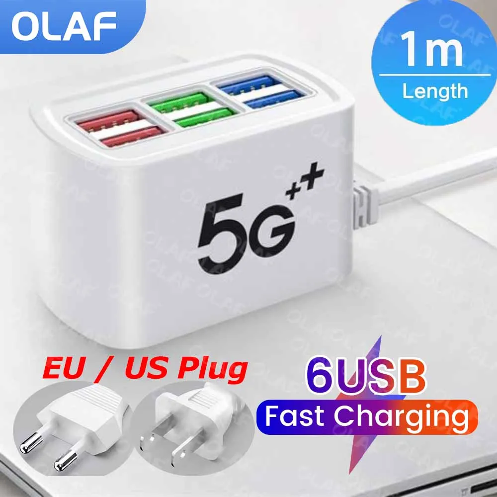 Cargador USB rápido 6 en 1, regleta de alimentación, estación de carga de escritorio, cable de 1m, adaptador de concentrador USB de carga rápida para iPhone, Xiaomi y hogar