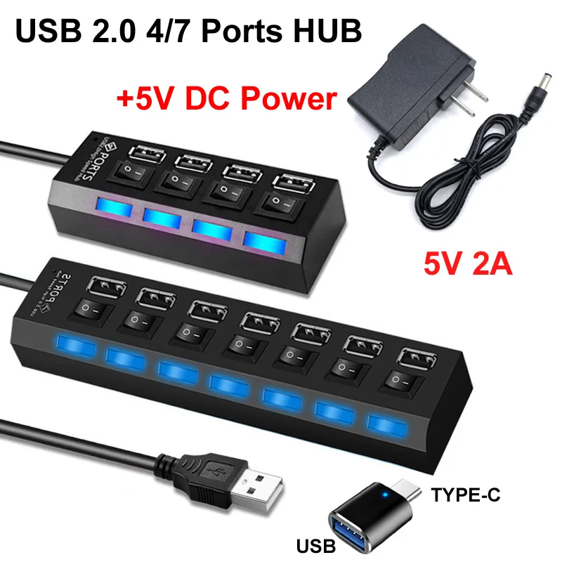 Concentrador de puertos USB 4/7, TYPE-C 2,0. 1, divisor USB + 5V, 2A, adaptador de corriente AC DC, interruptor de luz LDE para PC, ordenador portátil, Notebook, Mac
