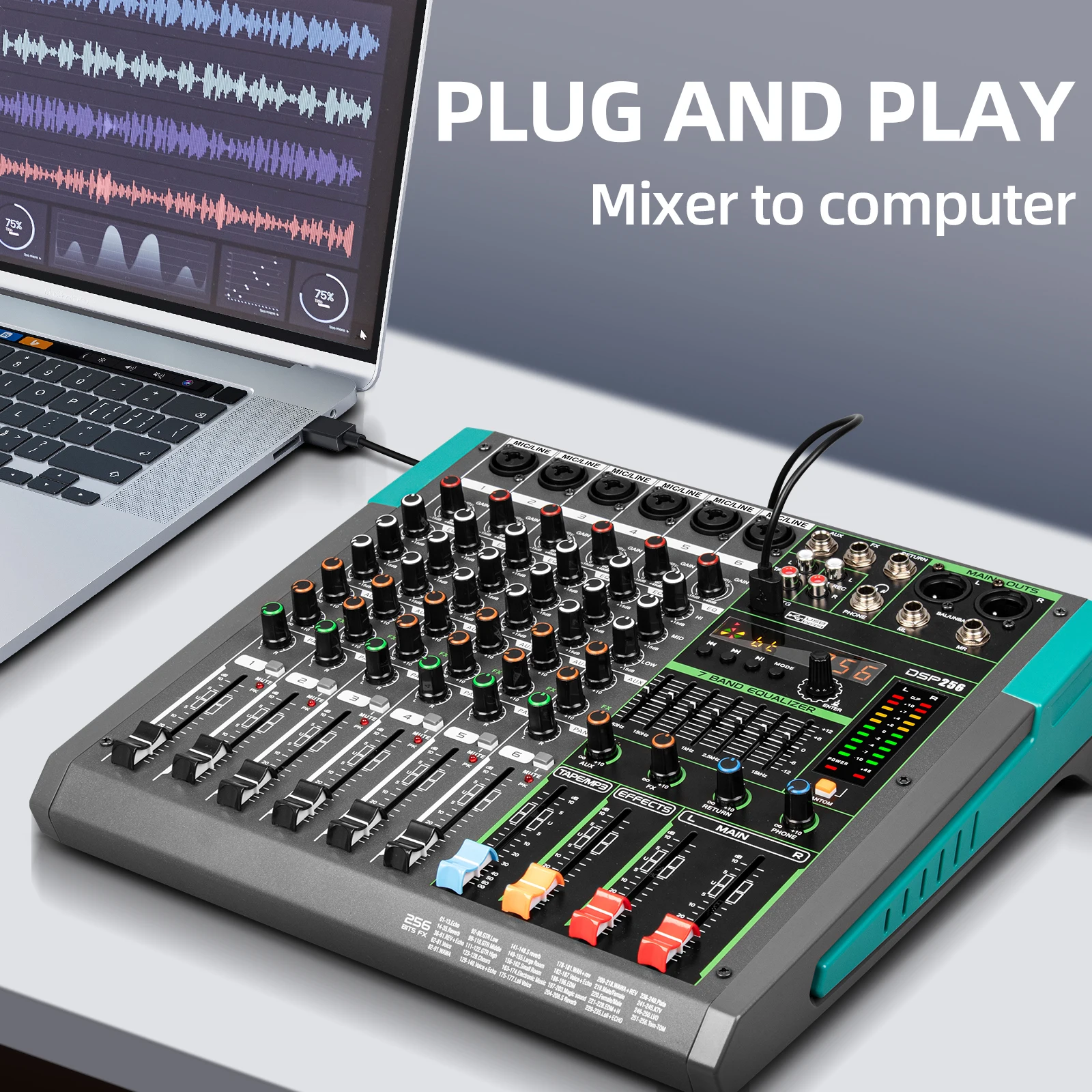 Mezclador de Audio profesional Depusheng MG6, consola de placa de sonido de 6 canales, interfaz de sistema de mesa de mezcla de DJ, efecto de reverberación 256 incorporado - imagen 3