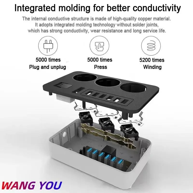 Tira de alimentación de Enchufe europeo para el hogar, cable de extensión inteligente, enchufe eléctrico, 6 puertos USB, 3.1A, carga de teléfono, filtro de red - imagen 3