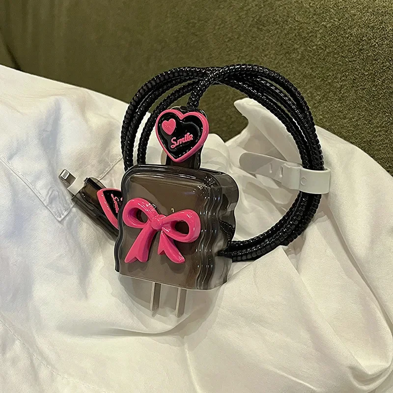 Funda de cargador con lazo rojo rosa 3D para IPhone, cubierta de protección de carga negra transparente, bonita, Corea, 11, 12, 13, 14, 18, 20W - imagen 5