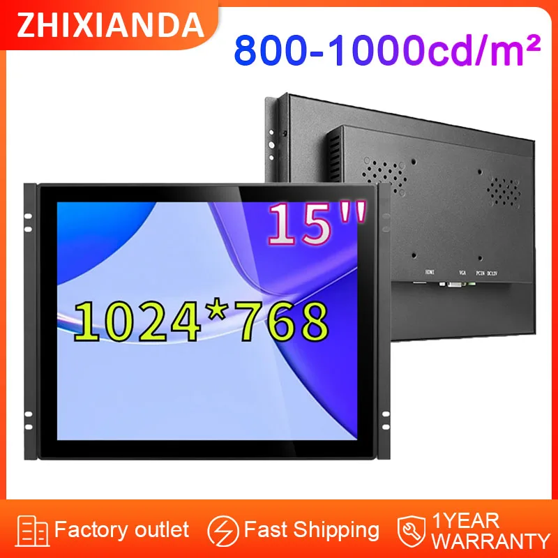Monitor de pantalla táctil plana impermeable de 15 pulgadas legible con luz solar 1000nits 1024*768 para uso industrial con interfaz USB HD VGA