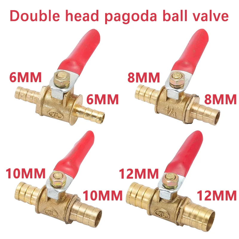 Válvula pequeña de mango rojo, manguera de latón en línea, agua, aceite, aire, Gas, combustible, válvula de bola de apagado, accesorios de tubería, 6mm, 8mm, 10mm, 12mm