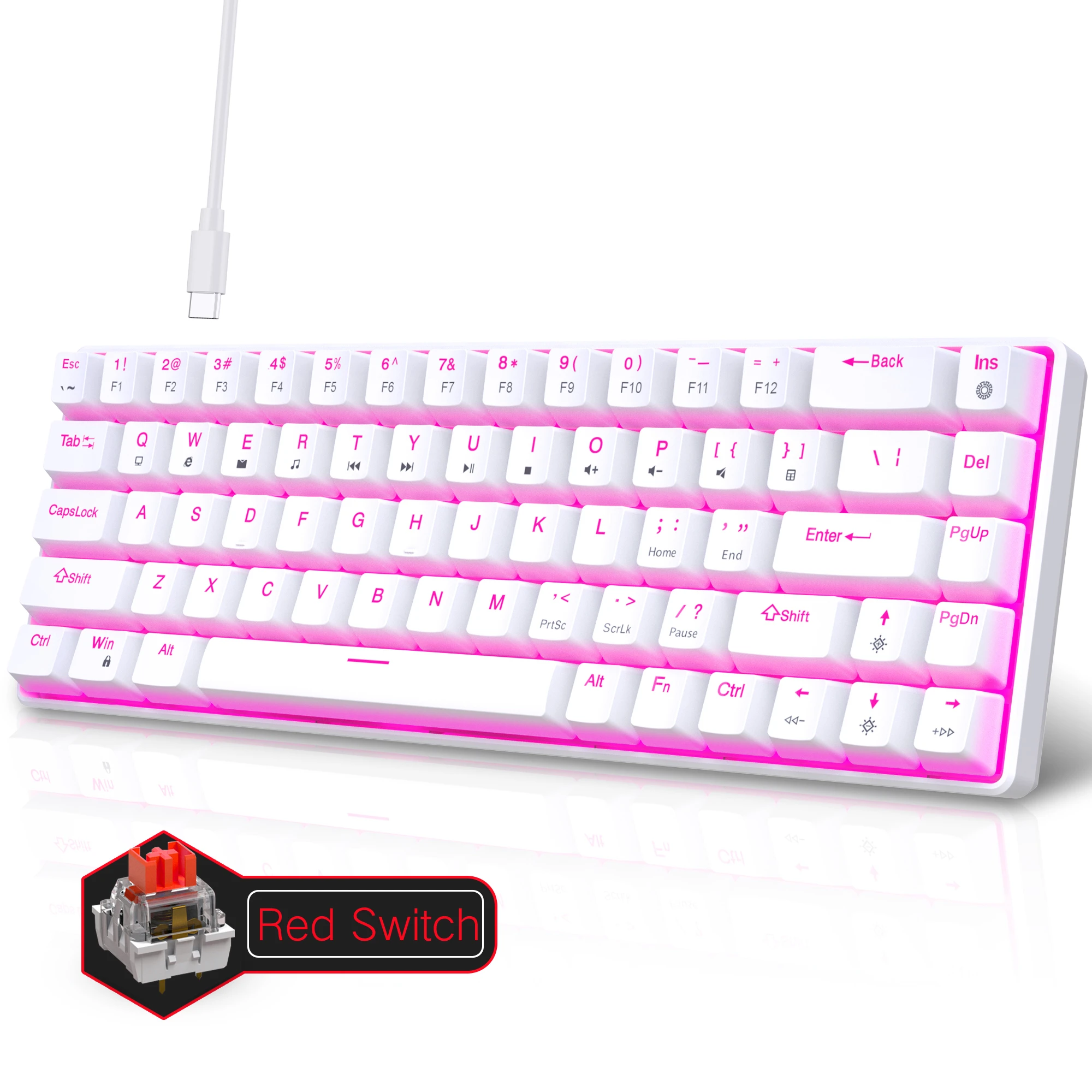 Teclado mecánico ergonómico de 68 teclas, luz Rosa RGB, retroiluminado, LED, interruptor rojo intercambiable en caliente, teclado para juegos para PC, portátil y oficina - imagen 2