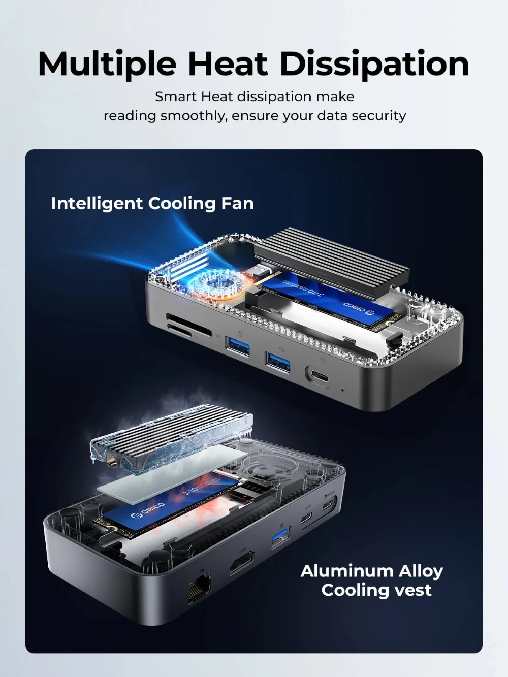 Carcasa ORICO M.2 NVMe SSD con concentrador USB C 9 en 1, estación de acoplamiento SD externa RJ45 de 10Gbps con ventilador de refrigeración para ordenador portátil MacBook - imagen 5