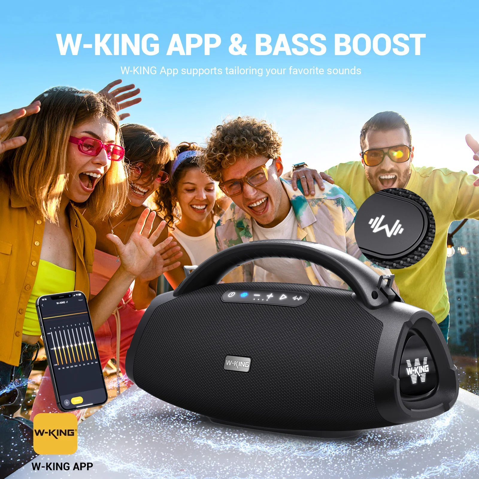 W-KING D20 Altavoces Bluetooth portátiles, 200W RMS Massive Bass Party Boombox IPX7 Altavoz impermeable Grande, Altavoz exterior fuerte - imagen 2
