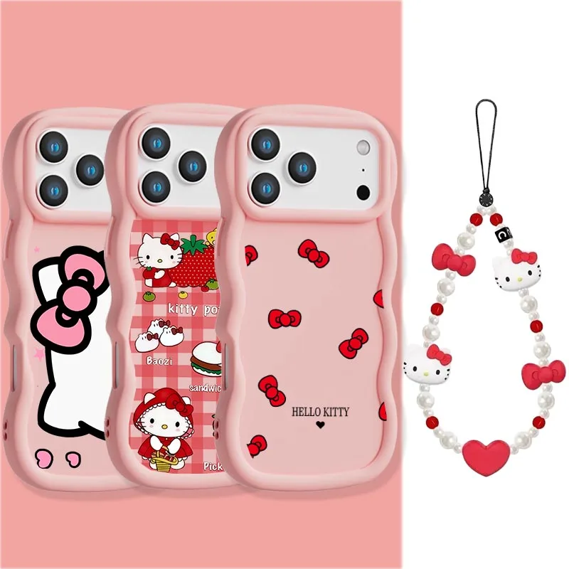 Funda de silicona 3D Wave Pink Cute Hello Kitty Chain Love para IPhone 17 Pro 17 Air 16e 16 15 14 13 12 PRO MAX Plus Y2K Funda