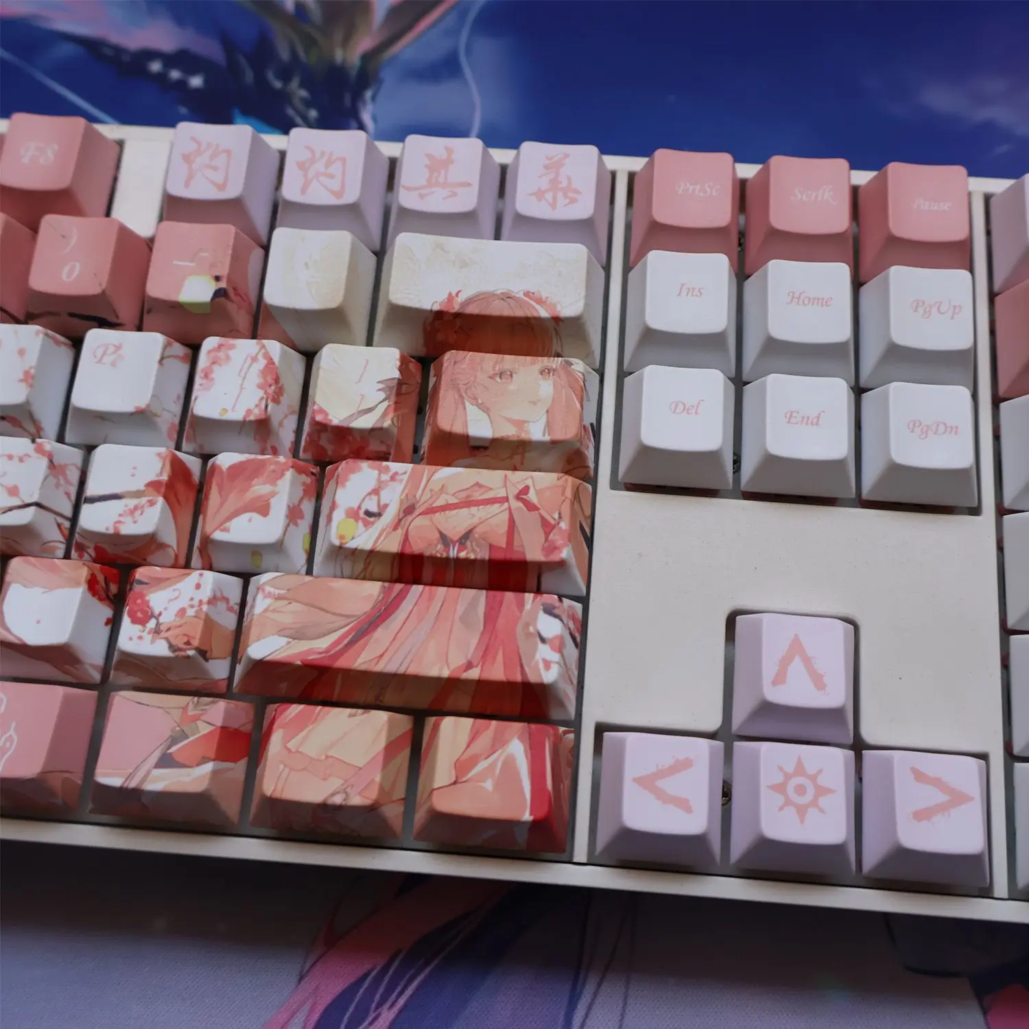 Teclas de ondas Wuthering de 128 teclas, teclas con tema Jinhsi rosa, teclas de perfil de cereza PBT DYE-Sub para accesorios de teclado mecánico - imagen 4