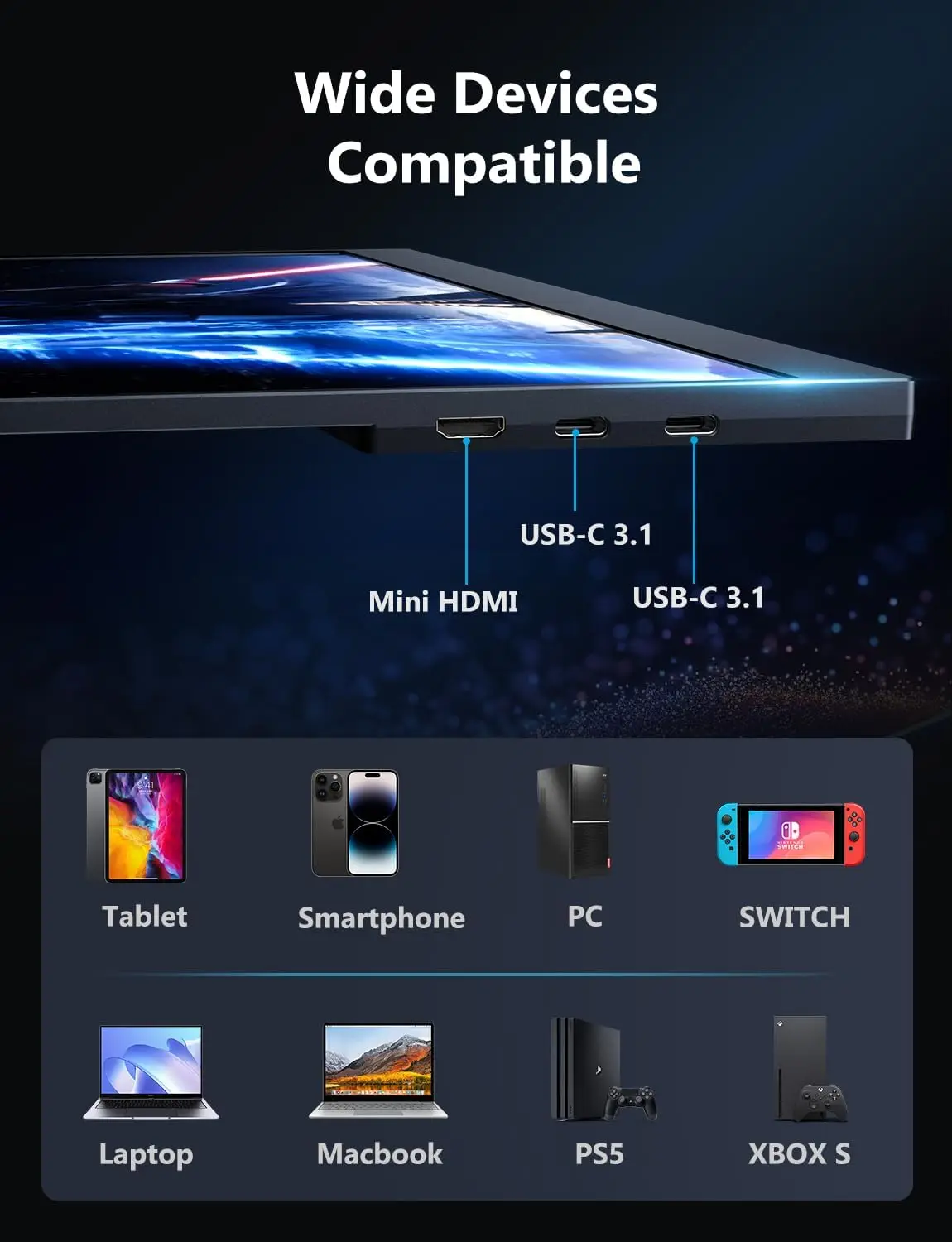 UPERFECT 2K 144Hz Monitor para juegos Pantalla portátil de 16" 100% sRGB con HDMI USB C HDR Freesync para PS5 Steam Deck Switch XBOX Laptop PC Mac iPhone HUAWEI Phone Extender segunda pantalla - imagen 5