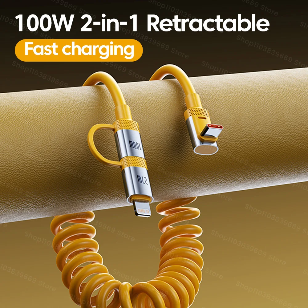 Cable de carga rápida con resorte 2 en 1 6A 100W 90 ° Cable de resorte de codo C a C para Samsung Huawei Xiaomi iPhone 16 15 Cable de cargador de coche