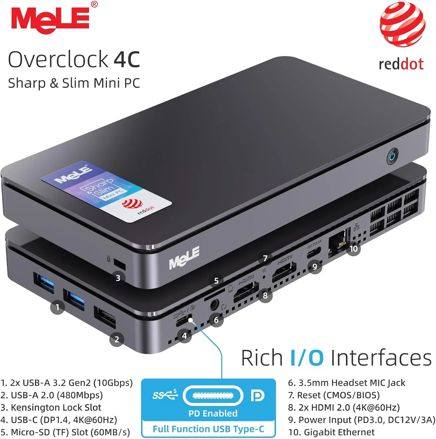 MeLE Reddot Winner Mini PC N100,i3-N300,16GB 32GB RAM 512GB ROM Mini Ordenador de Sobremesa,USB-C en Oficina Educación Hogar Overclock4C - imagen 3