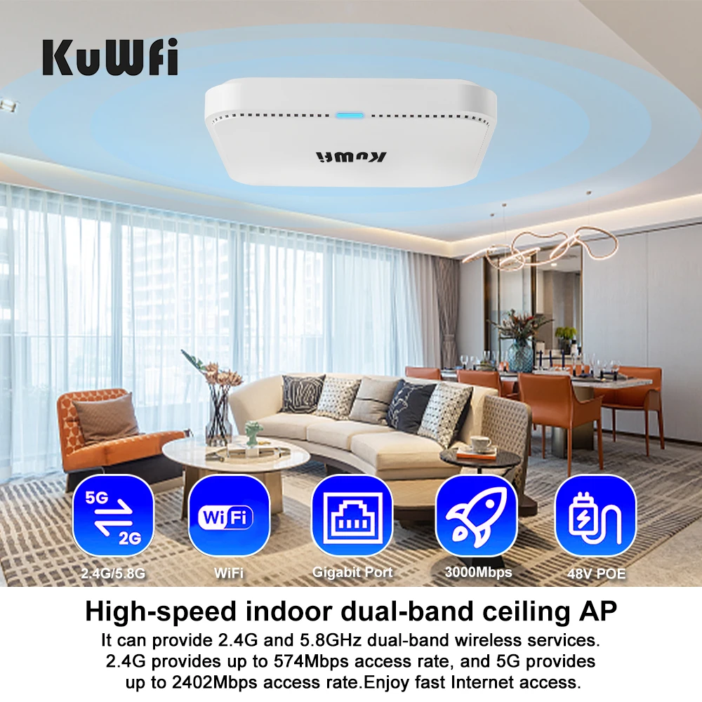 KuWFi 3000Mbps techo AP 2,4G 5G Wifi de doble banda 6 enrutador inalámbrico interior punto de acceso Wifi 48V Poe amplificador de señal Wi fi - imagen 5