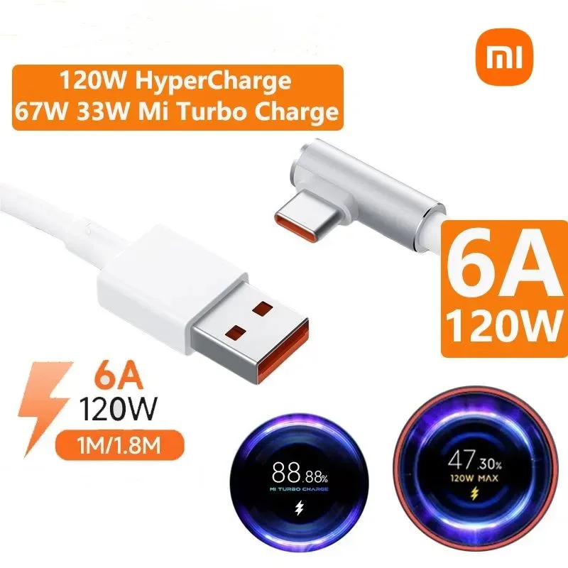 Cargador súper rápido USB Original Xiaomi 120W 6A para Mi 12 11 POCO X5 X4 Pro Redmi Note 8 9 10 11 Cable de carga tipo C de 90 grados - imagen 4