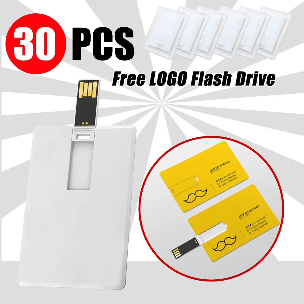 30 unids/lote tarjeta de crédito blanca de alta velocidad USB 2,0 unidad Flash tarjeta de memoria Pendrive 4GB 8GB 16GB 32GB 64GB para regalos logotipo personalizado