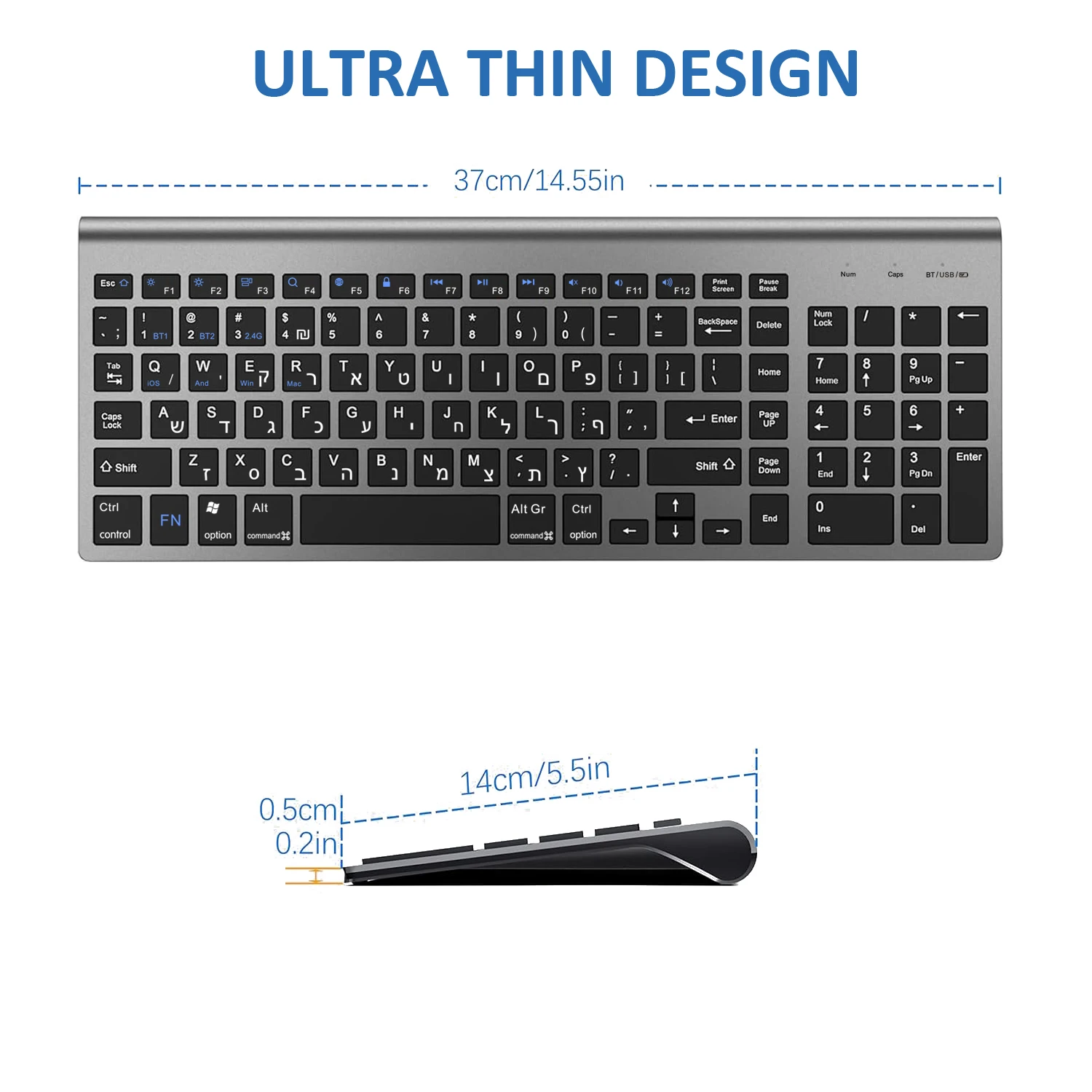 Teclado Bluetooth de tres canales de modo Dual en inglés hebreo, teclado inalámbrico delgado y silencioso para PC, portátil, Windows, IOS, Mac y Android - imagen 3