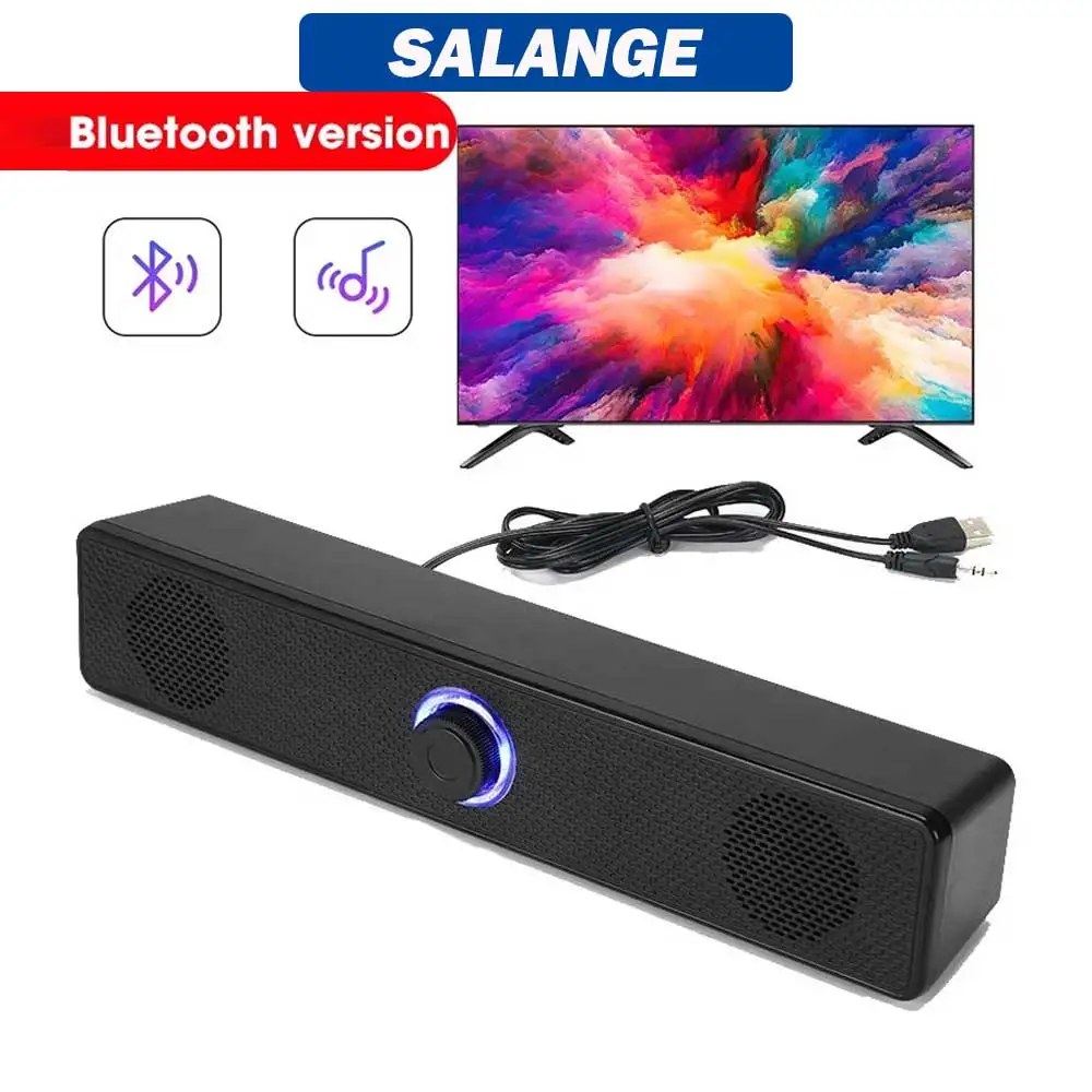 Salange Altavoz Bluetooth con cable USB, barra de sonido con puerto de 3,5mm para consola de juegos de PC, teléfono inteligente, portátil, tableta, juego de escritorio negro largo