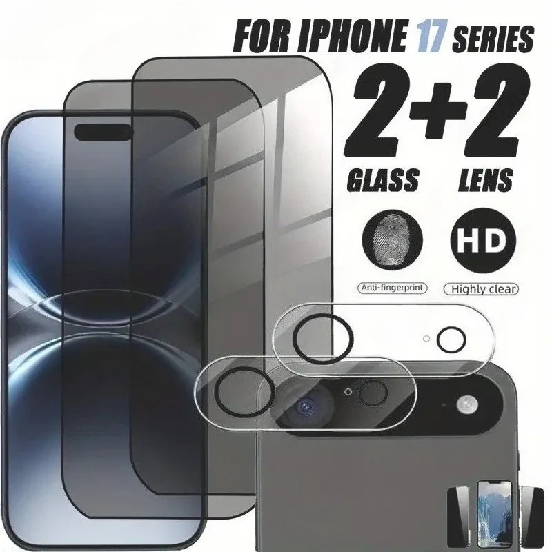 Protector de pantalla de privacidad 4 en 1 con película de lente de cámara adecuado para iPhone 17 16 15 14 13 12 11 Pro Max 16e 15 14Plus vidrio
